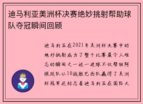 迪马利亚美洲杯决赛绝妙挑射帮助球队夺冠瞬间回顾